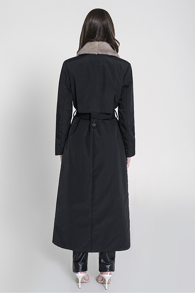Trenci textil negru cu blana naturala de vizon , Freya , Carolina Design