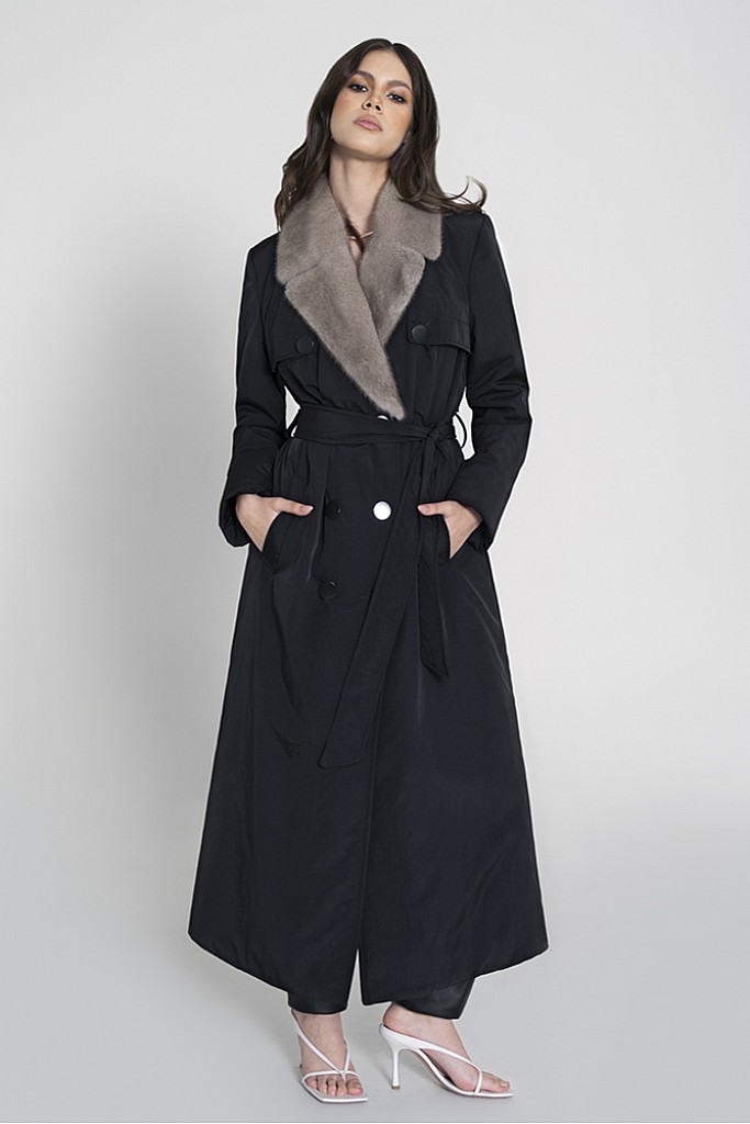 Trenci textil negru cu blana naturala de vizon , Freya , Carolina Design