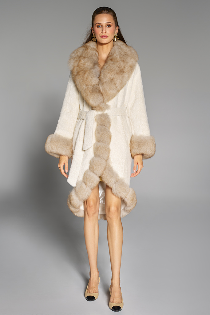 Palton din Alcantara Alb cu blana de Vulpe Caramel, Carolina Design x BLD