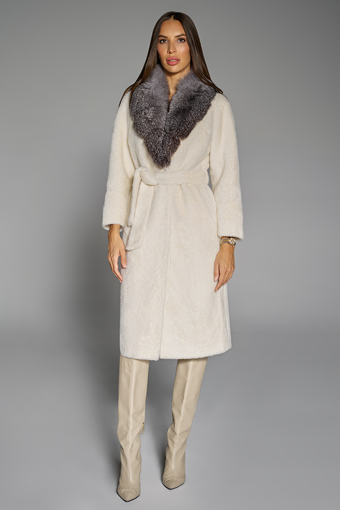 Palton din Alcantara cu blana naturala de Vulpe Argintie, Daria, cu cordon si capse, Alb, Carolina Design