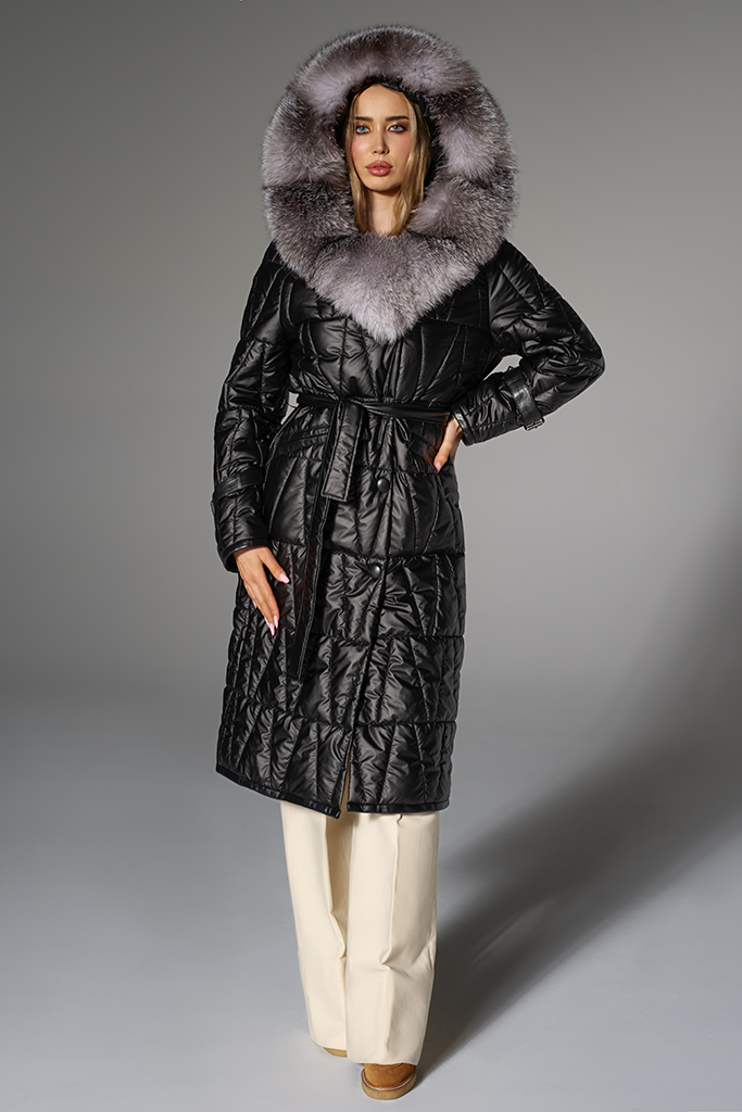 Geaca de fas cu blana naturala de vulpe polara frost, cu gluga, Negru, Siena, Carolina Design