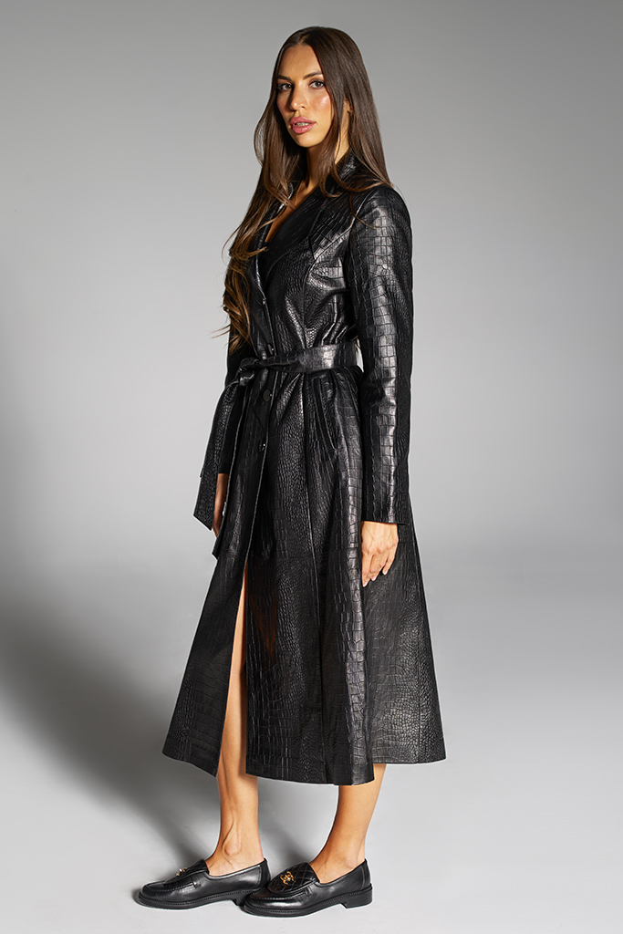 Trench de piele naturala imprimeu croco, Negru, Carolina Design Trench de piele naturala imprimeu croco, Negru, Carolina Design