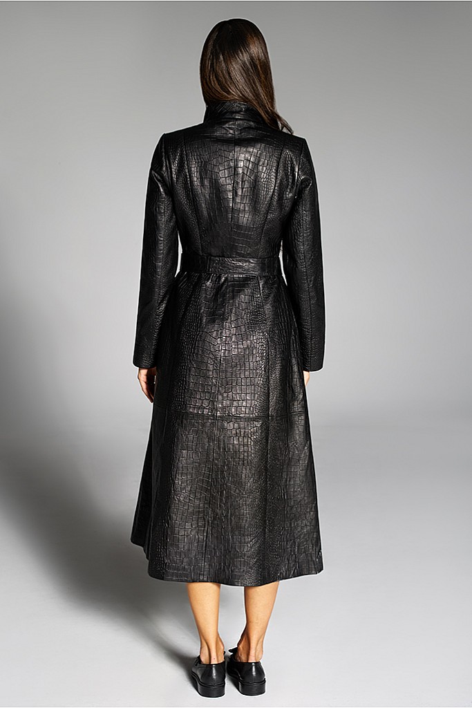 Trench de piele naturala imprimeu croco, Negru, Carolina Design Trench de piele naturala imprimeu croco, Negru, Carolina Design