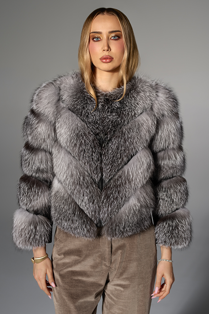 Haina de blana din Vulpe Argintie, cu fermoar, model Transformers 2 in 1 „V”, Carolina Design