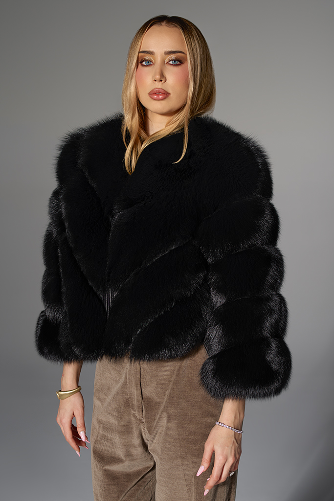 Haina de blana full de Vulpe Polara, Negru, cu fermoar, model Transformers 2 in 1, "V", Carolina Design