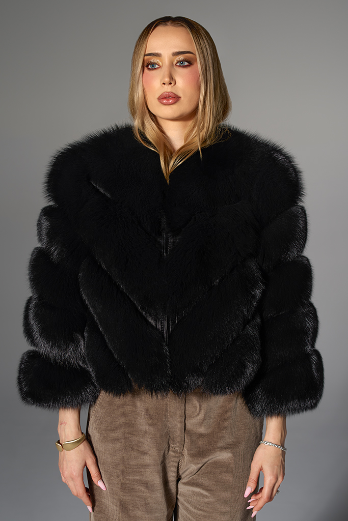 Haina de blana full de Vulpe Polara, Negru, cu fermoar, model Transformers 2 in 1, "V", Carolina Design