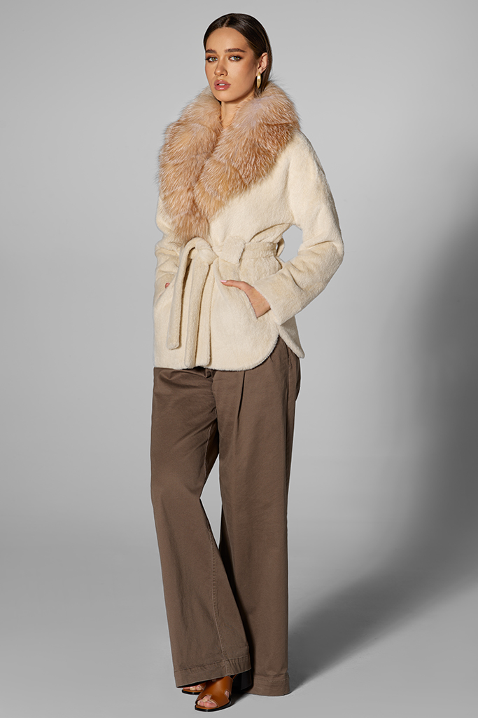 Haina din alcantara cu guler din blana naturala de vulpe, Cassidy, Beige, Carolina Design