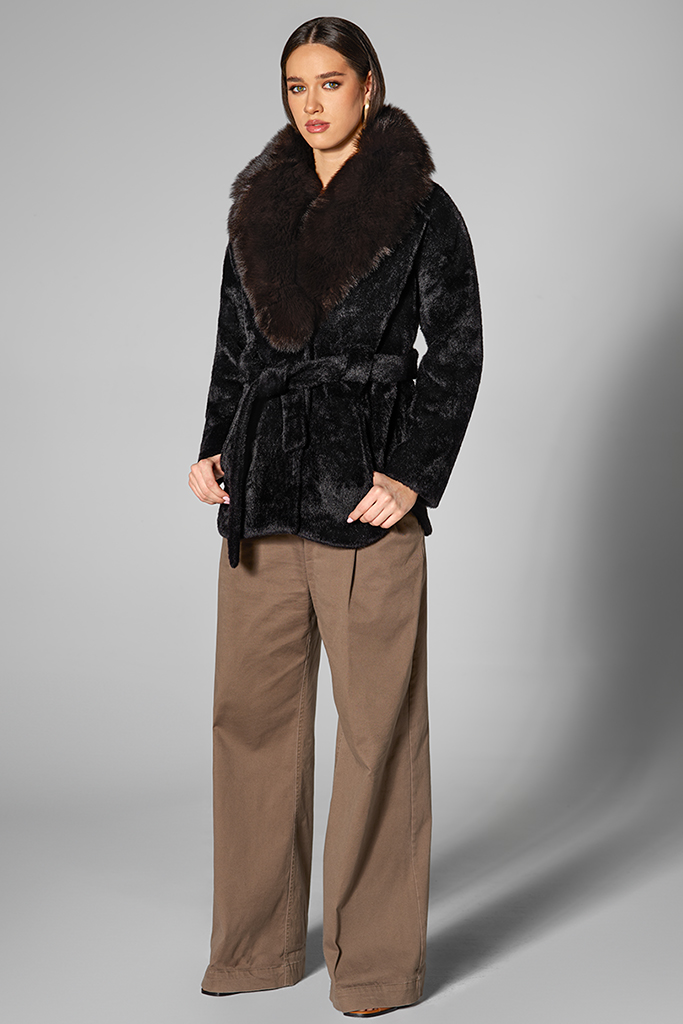 Haina din alcantara cu guler din blana naturala de vulpe, Maddie, Black, Carolina Design