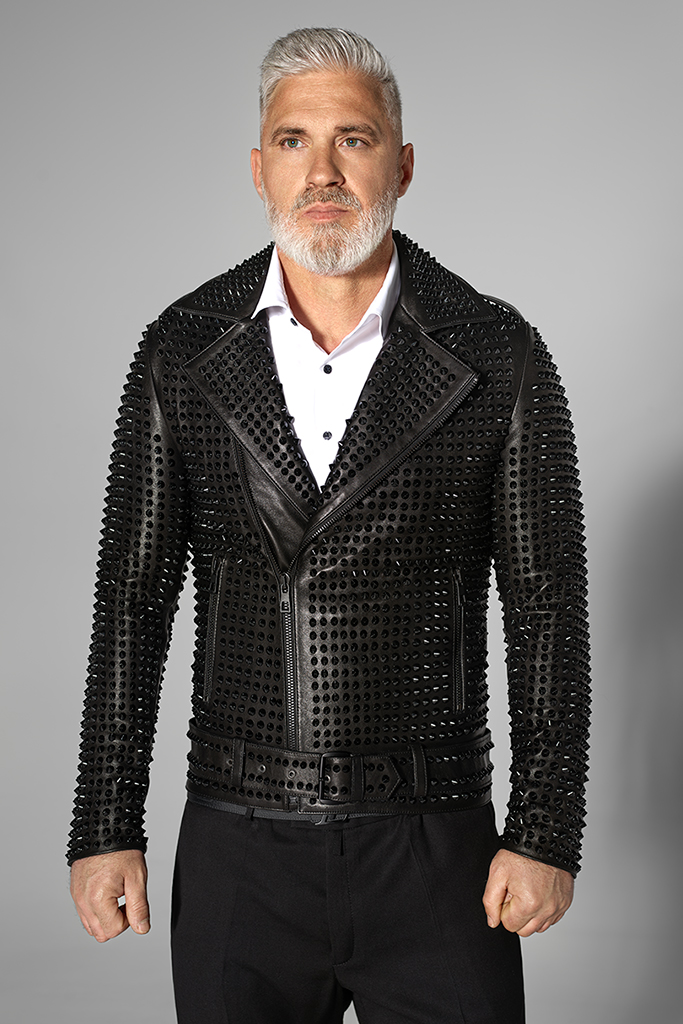 Geaca de piele naturala biker cu tinte, Black, Carolina Design