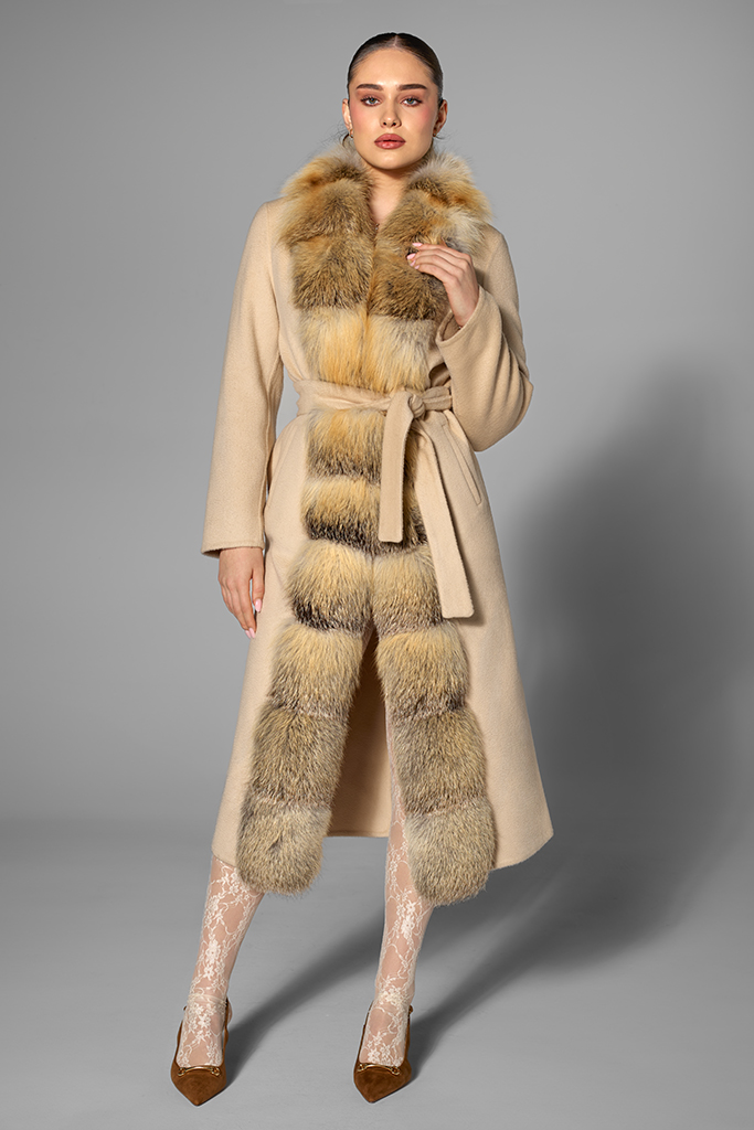 Palton din casmir si lana merinos cu blana naturala de vulpe Golden Island, Bej, Carolina Design