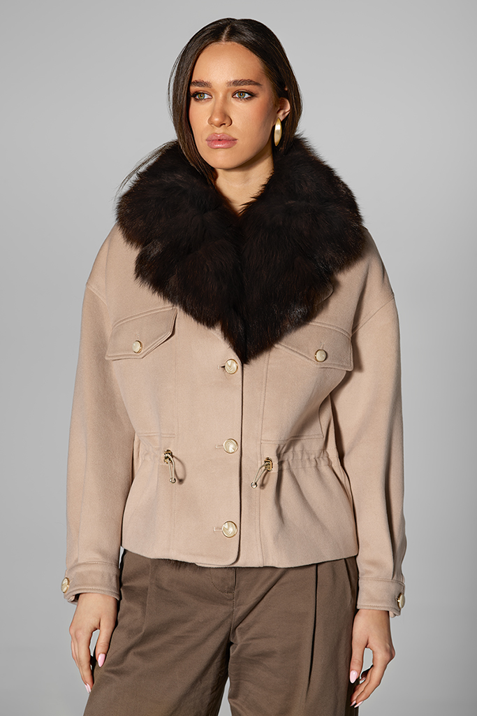 Jacheta din casmir cu blana naturala de vulpe samur, detasabila, Beige, Carolina Design