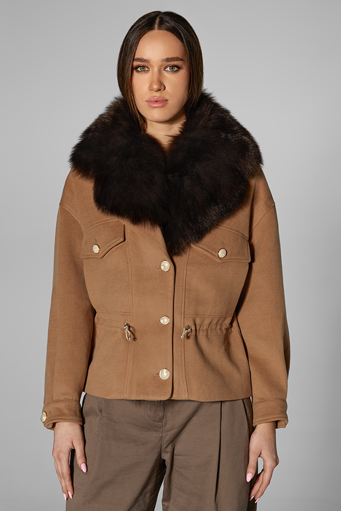 Jacheta din casmir cu blana naturala de vulpe samur, detasabila, Camel, Carolina Design
