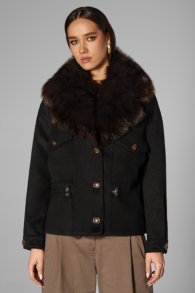 Jacheta din casmir cu blana naturala de vulpe samur, detasabila, Negru, Carolina Design