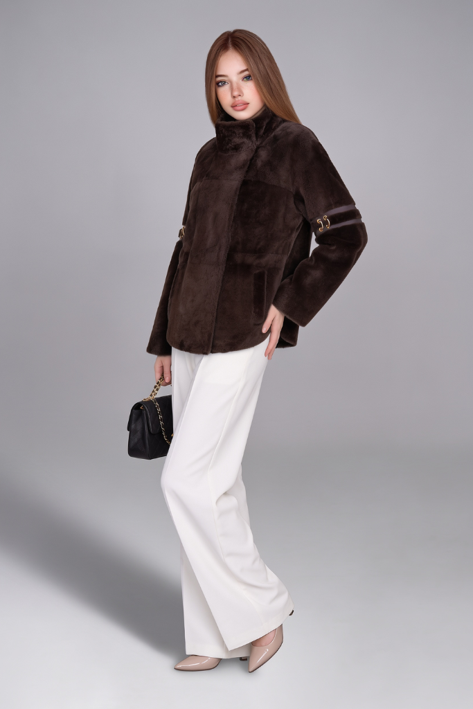 Haină din blană naturală de miel Merinos, Elysia, 2712, Light Brown, Carolina Design