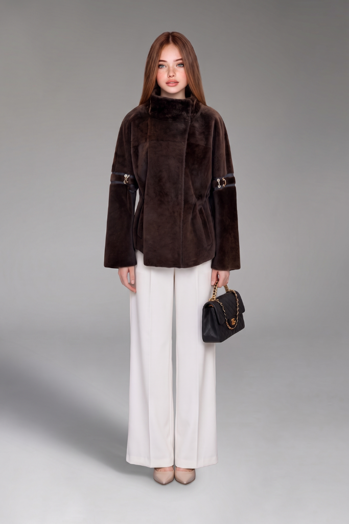 Haină din blană naturală de miel Merinos, Elysia, 2712, Light Brown, Carolina Design Haină din blană naturală de miel Merinos, Elysia, 2712, Light Brown, Carolina Design