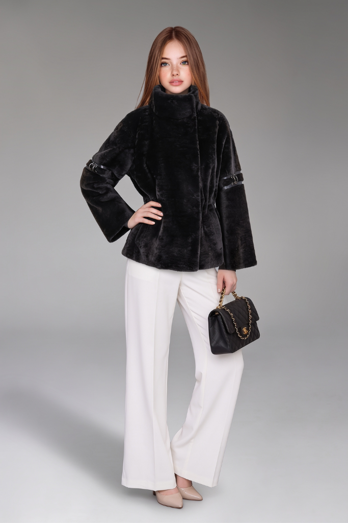 Haină din blană naturală de miel Merinos, Elysia, 2712, Black, Carolina Design