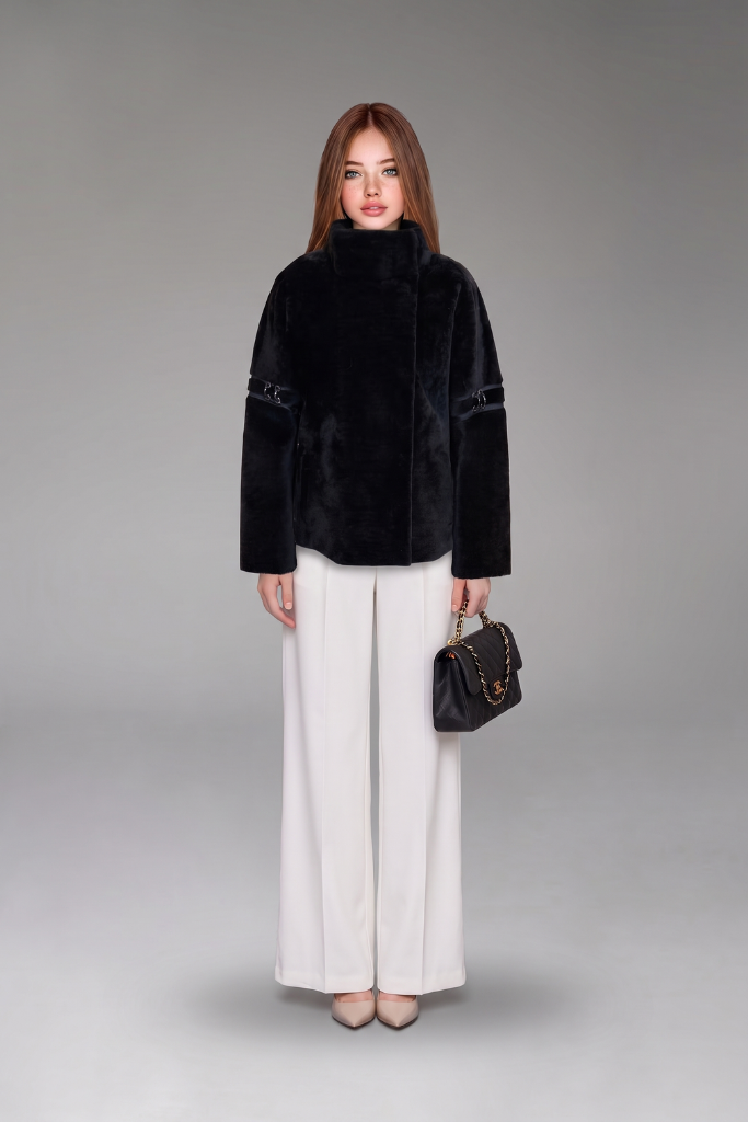 Haină din blană naturală de miel Merinos, Elysia, 2712, Black, Carolina Design Haină din blană naturală de miel Merinos, Elysia, 2712, Black, Carolina Design