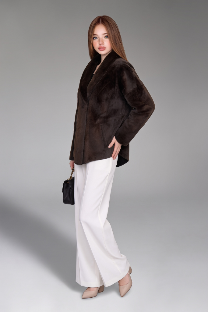 Haină din blană naturală de miel Merinos cu guler din vizon, Amélie, Brown, 2598, Carolina Design