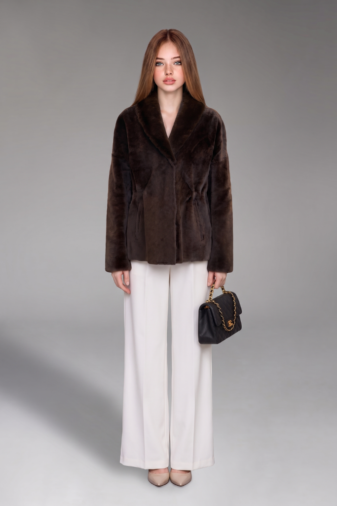 Haină din blană naturală de miel Merinos cu guler din vizon, Amélie, Brown, 2598, Carolina Design Haină din blană naturală de miel Merinos cu guler din vizon, Amélie, Brown, 2598, Carolina Design