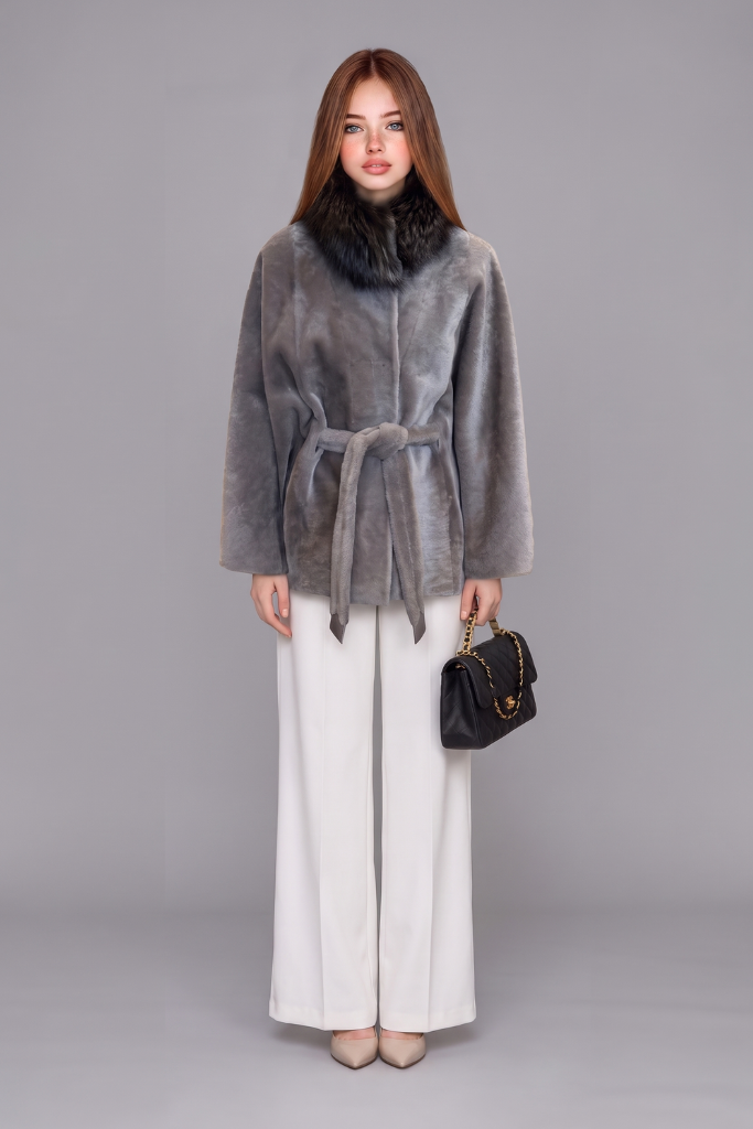Haină din blană naturală de miel Merinos cu guler din vulpe, Amelia, Light Grey, 2640, Carolina Design Haină din blană naturală de miel Merinos cu guler din vulpe, Amelia, Light Grey, 2640, Carolina Design