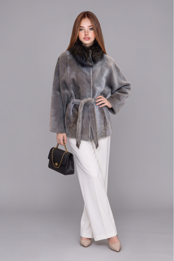 Haină din blană naturală de miel Merinos cu guler din vulpe, Amelia, Light Grey, 2640, Carolina Design