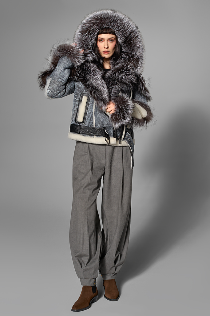 Cojoc din miel merinos cu blana naturala de vulpe argintie, The Stone, Gri, Carolina Design