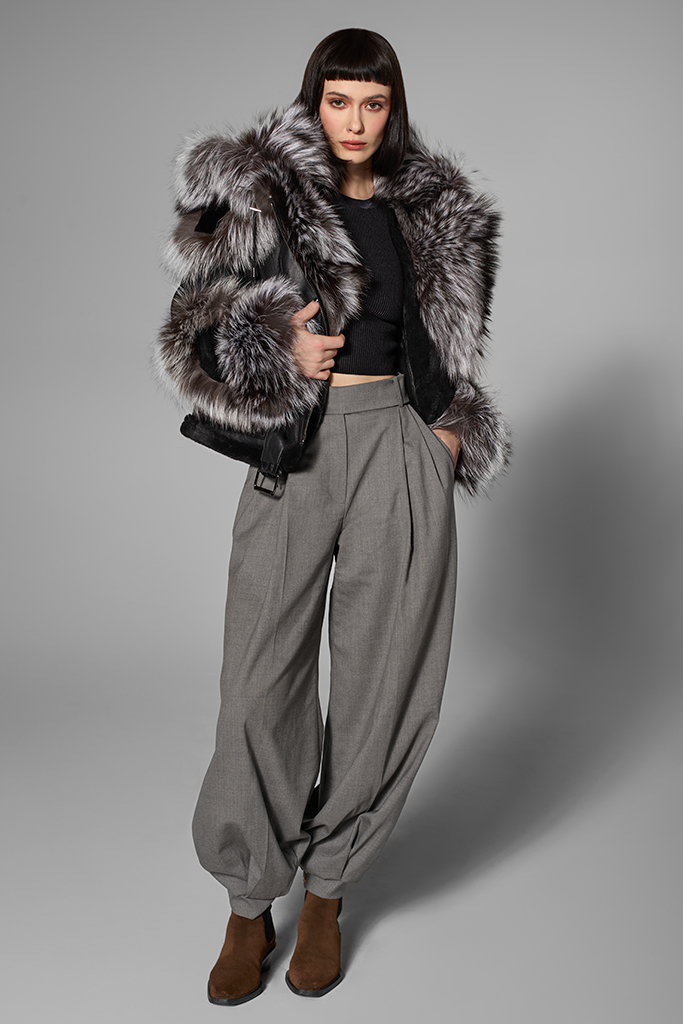 Cojoc din miel merinos cu blana naturala de vulpe argintie, The Stone, Negru, Carolina Design