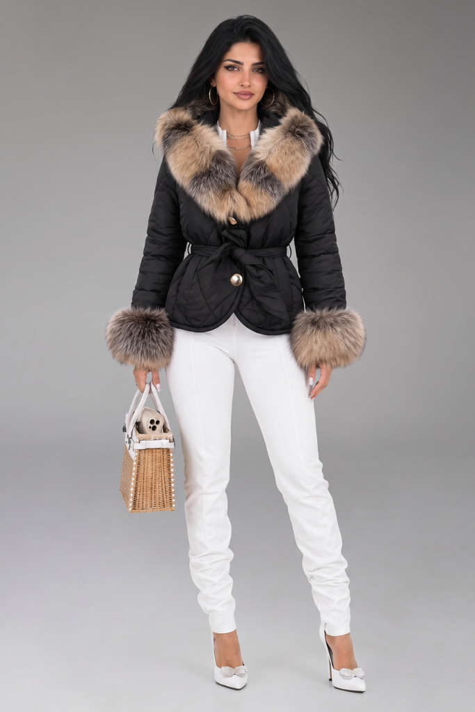 Geacă Parka Scurtă Impermeabilă cu blană naturală de vulpe canadiană, Thalia, DO 60, Negru, Carolina Design