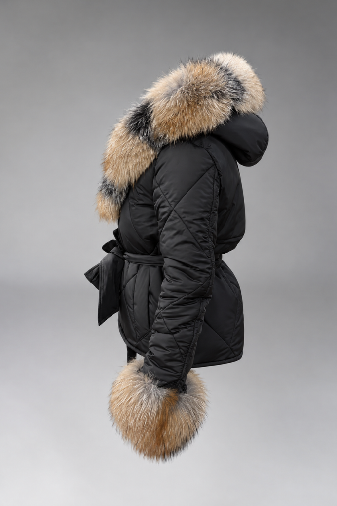 Geacă Parka Scurtă Impermeabilă cu blană naturală de vulpe canadiană, Thalia, DO 60, Negru, Carolina Design Geacă Parka Scurtă Impermeabilă cu blană naturală de vulpe canadiană, Thalia, DO 60, Negru, Carolina Design