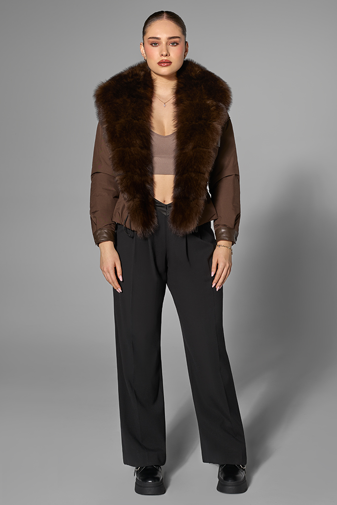 Geaca de fas cu blana naturala din vulpe samur, Chocolate, Carolina Design