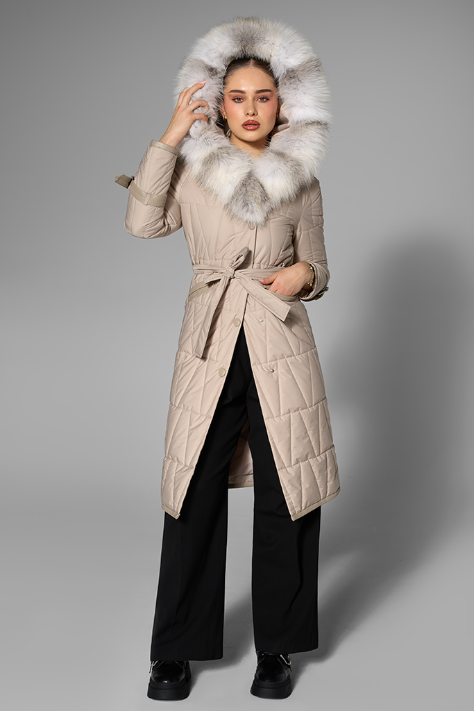 Geaca de fas cu blana naturala de vulpe amber, cu gluga, Beige, Milena, Carolina Design