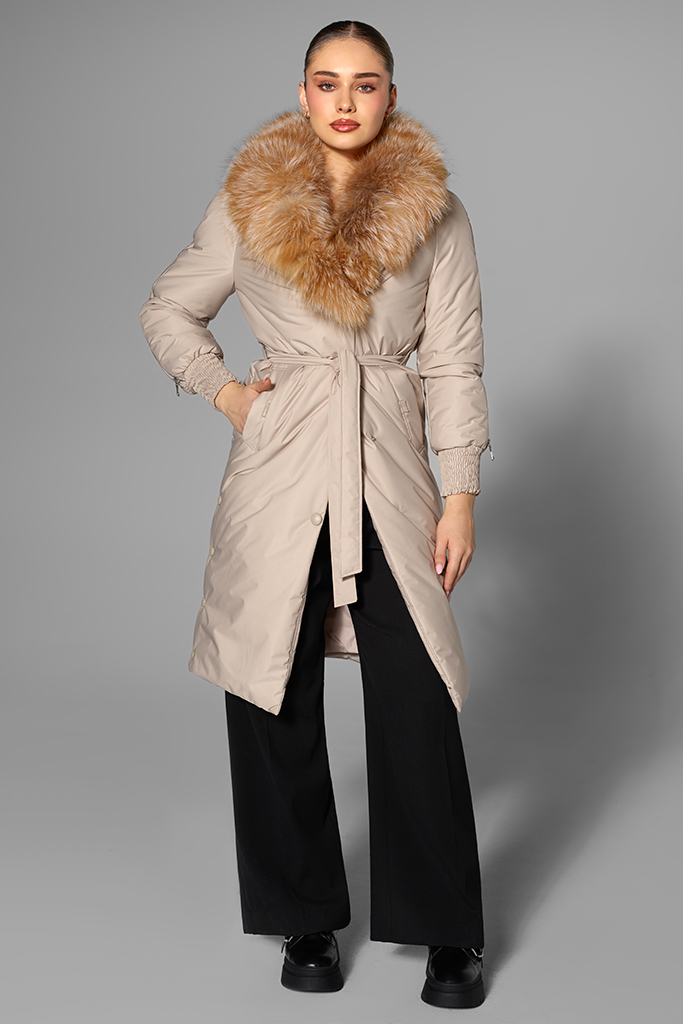 Geaca de fas cu guler de vulpe canadiana, Beige, Carolina Design