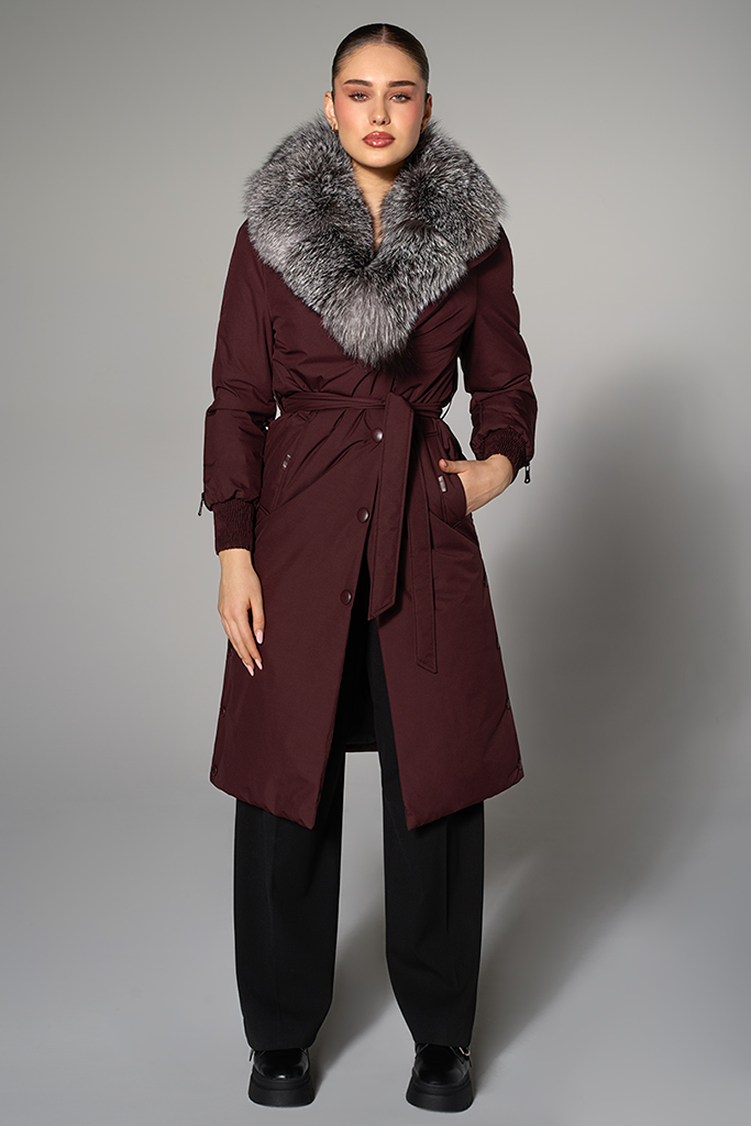 Geaca de fas cu guler de vulpe argintie, Burgundy, Carolina Design