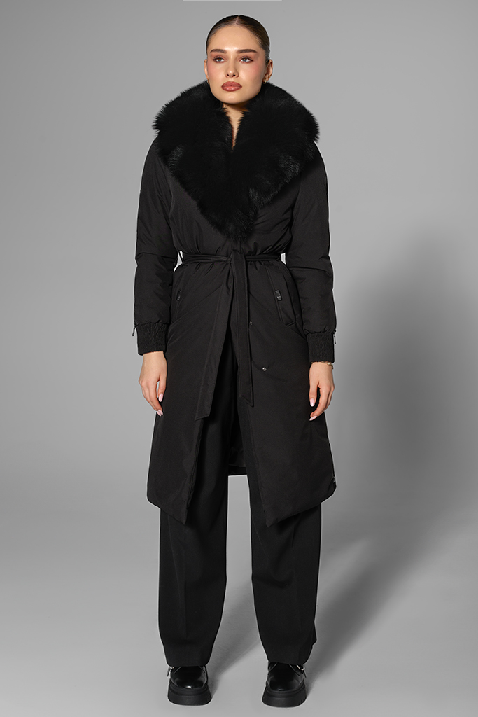 Geaca de fas cu guler de vulpe polara neagra, Negru, Carolina Design