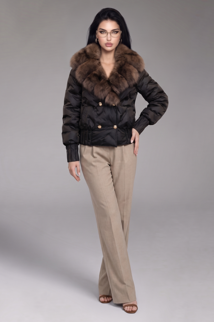  Geacă parka scurtă din fâș impermeabil cu guler din vulpe Samur, SQ K1, Isabea, Negru, Carolina Design