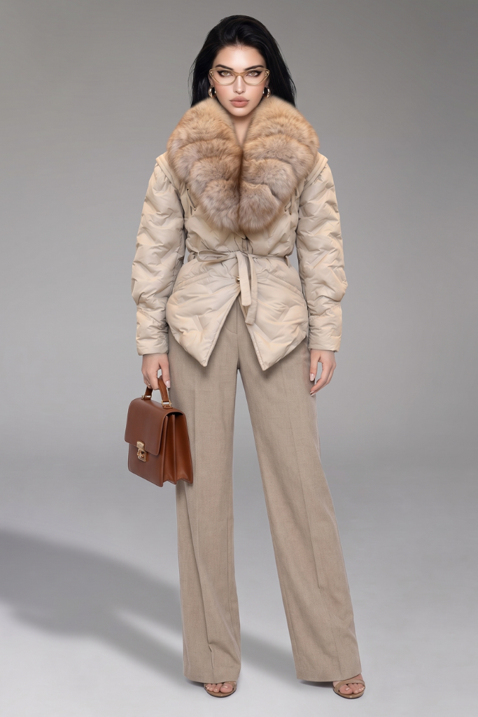 Geacă Parka Scurtă Impermeabilă cu blană naturală de vulpe, Solène, K2, Bej, Carolina Design Geacă Parka Scurtă Impermeabilă cu blană naturală de vulpe, Solène, K2, Bej, Carolina Design