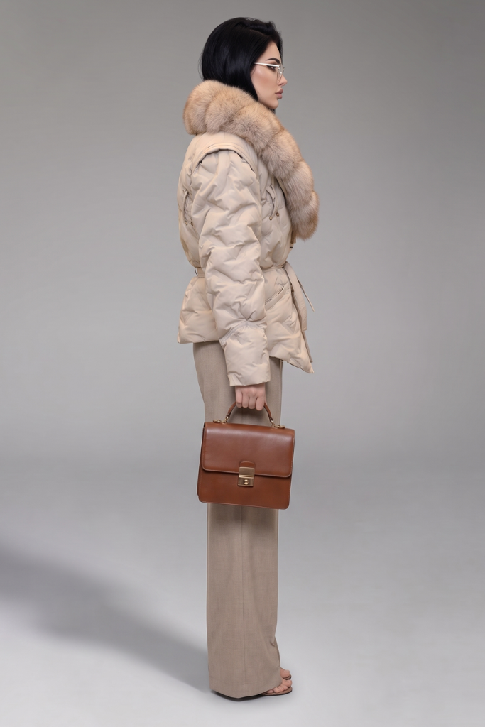 Geacă Parka Scurtă Impermeabilă cu blană naturală de vulpe, Solène, K2, Bej, Carolina Design Geacă Parka Scurtă Impermeabilă cu blană naturală de vulpe, Solène, K2, Bej, Carolina Design