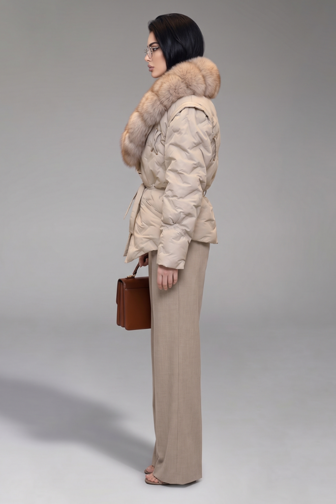 Geacă Parka Scurtă Impermeabilă cu blană naturală de vulpe, Solène, K2, Bej, Carolina Design Geacă Parka Scurtă Impermeabilă cu blană naturală de vulpe, Solène, K2, Bej, Carolina Design