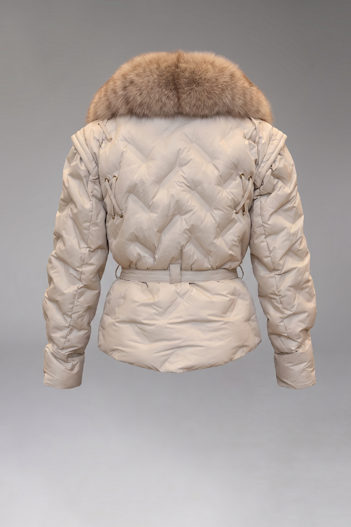 Geacă Parka Scurtă Impermeabilă cu blană naturală de vulpe, Solène, K2, Bej, Carolina Design Geacă Parka Scurtă Impermeabilă cu blană naturală de vulpe, Solène, K2, Bej, Carolina Design