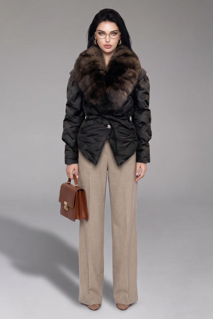 Geacă Parka Scurtă Impermeabilă cu blană naturală de vulpe, Solène, K2, Black Samur, Carolina Design Geacă Parka Scurtă Impermeabilă cu blană naturală de vulpe, Solène, K2, Black Samur, Carolina Design