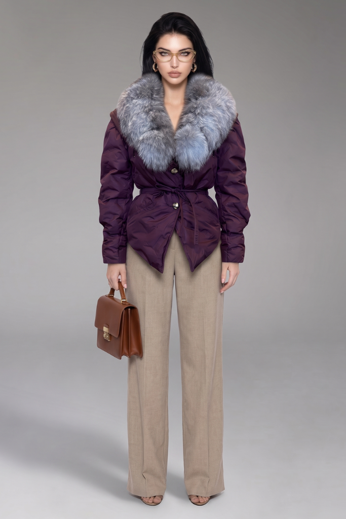 Geacă Parka Scurtă Impermeabilă cu blană naturală de vulpe, Solène, K2, Burgundy, Carolina Design