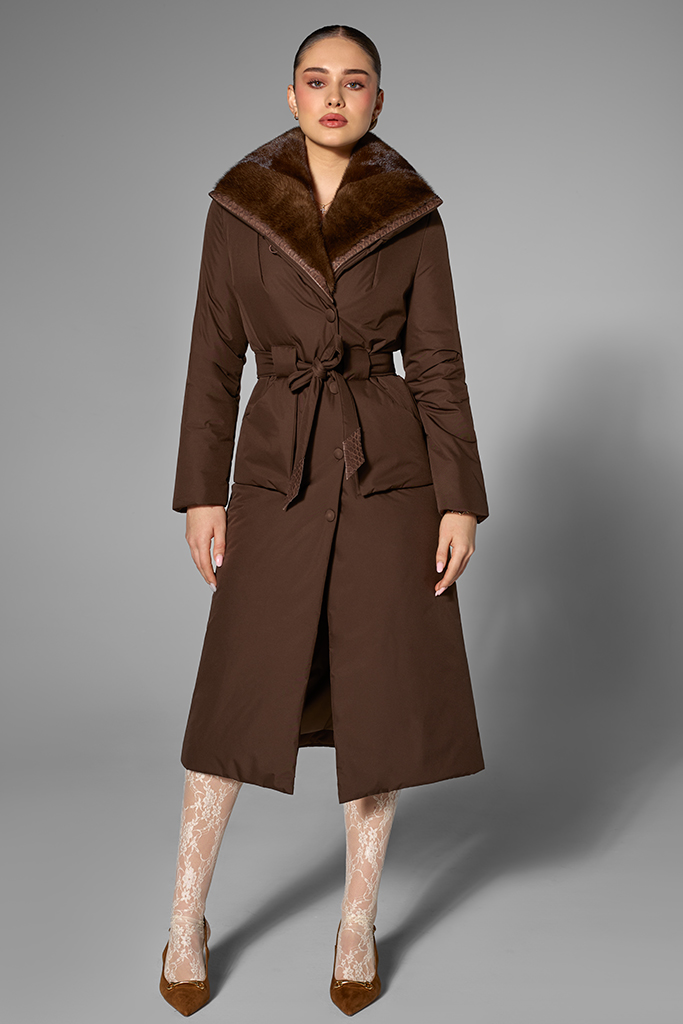 Geaca de fas cu guler din vizon si detalii din piton, Maro, Carolina Design