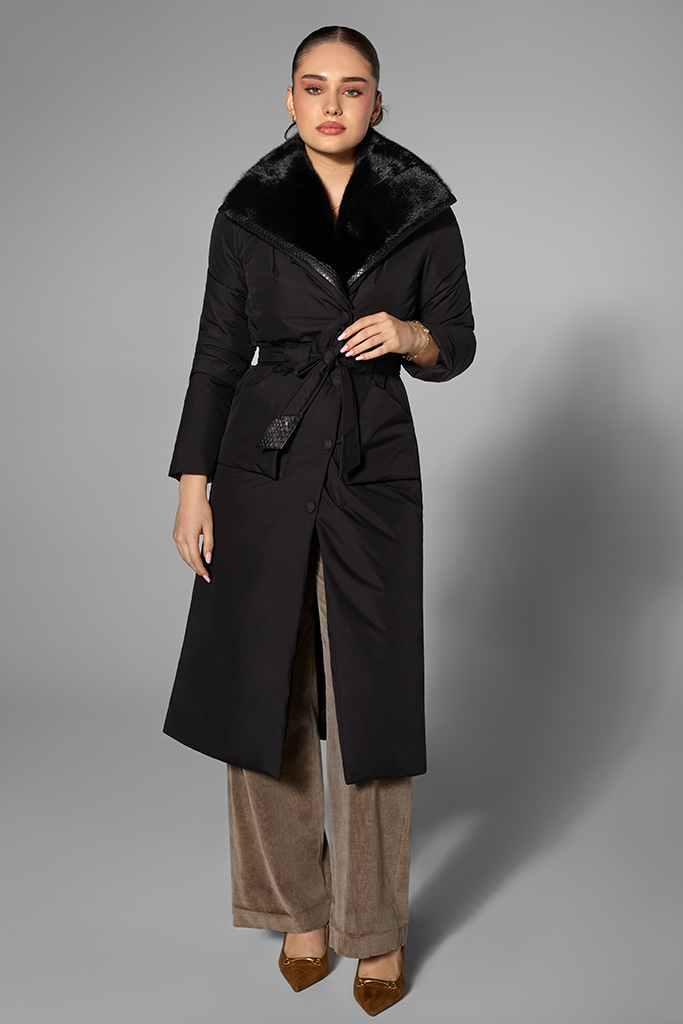 Geaca de fas cu guler din vizon si detalii din piton, Negru, Carolina Design