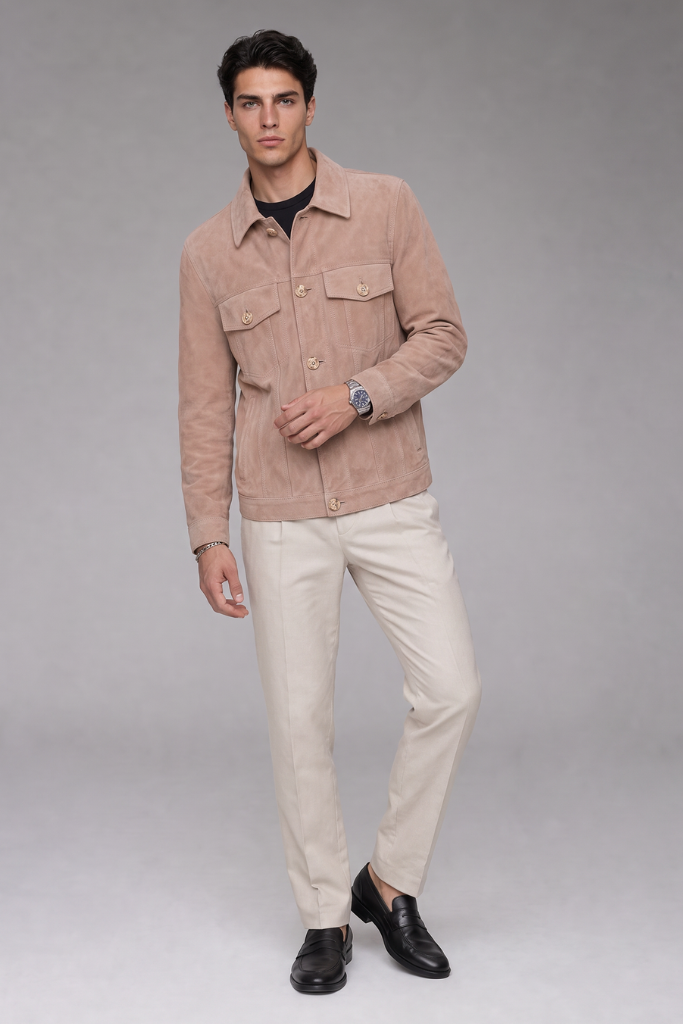 Cămașă din piele naturală întoarsă, EZ 10087, Beige, Alessio, Carolina Design