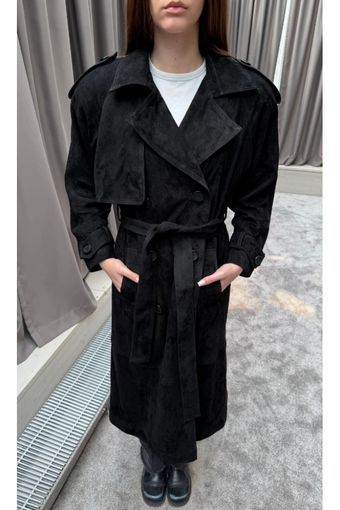 Trench din piele naturala intoarsa, Black, Carolina Design