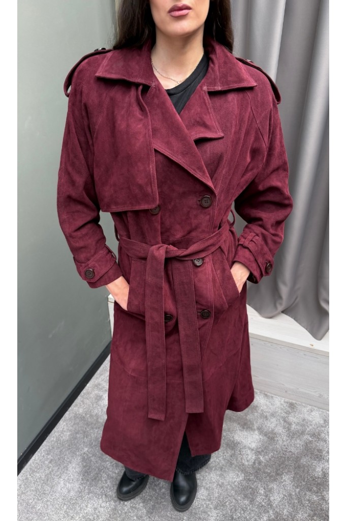 Trench din piele naturala intoarsa, Burgundy, Carolina Design