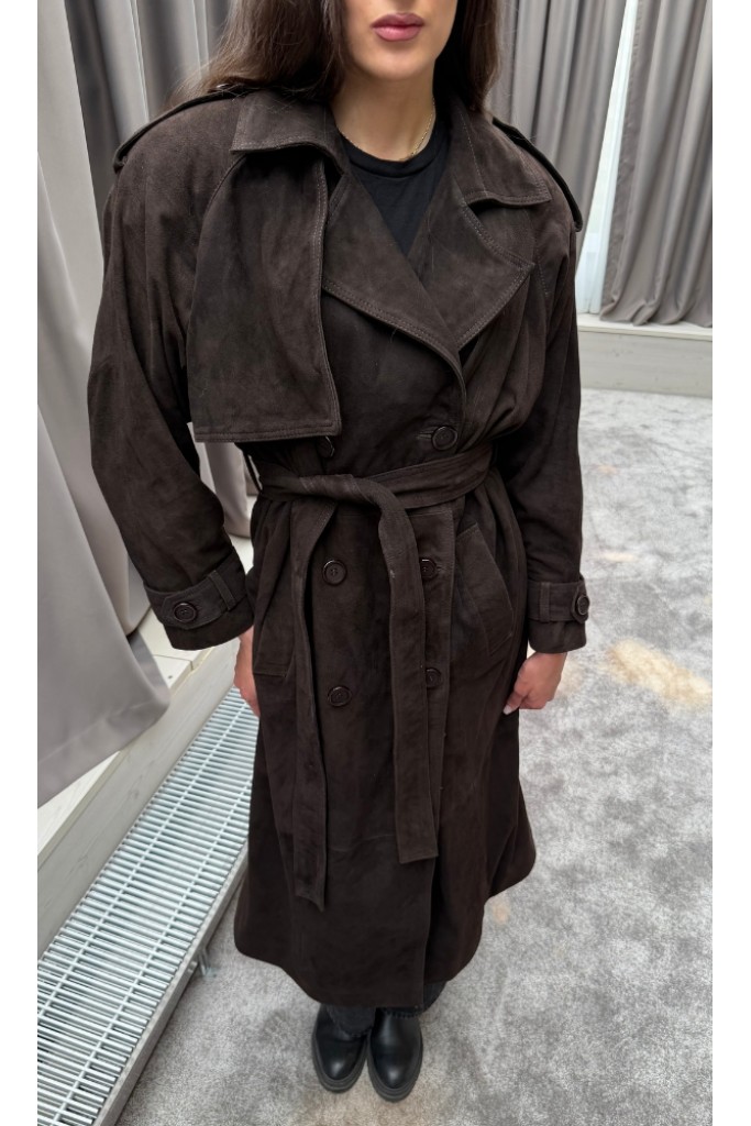 Trench din piele naturala intoarsa, Chocolate, Carolina Design