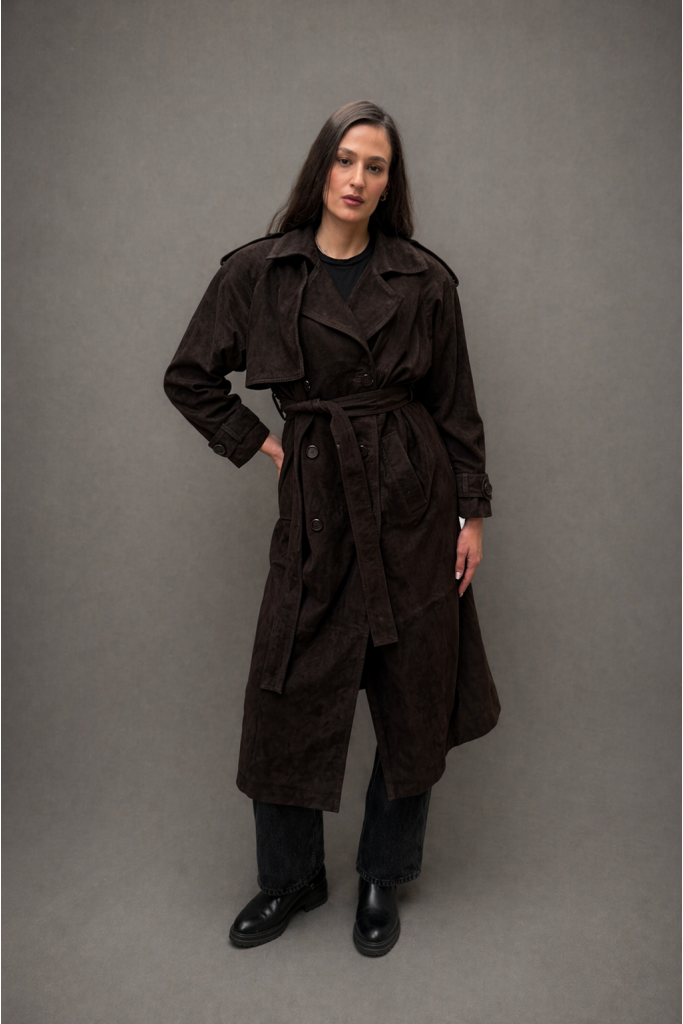 Trench din piele naturala intoarsa, Chocolate, Carolina Design