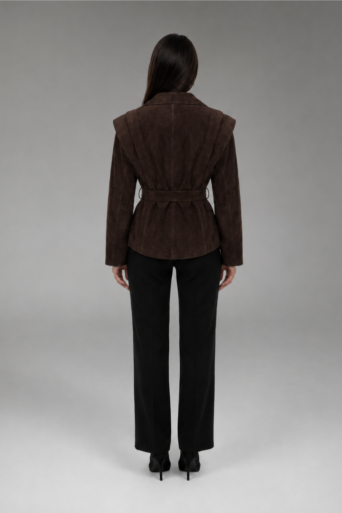 Jachetă din piele naturală întoarsă, Chocolate Brown, Livia, Carolina Design Jachetă din piele naturală întoarsă, Chocolate Brown, Livia, Carolina Design