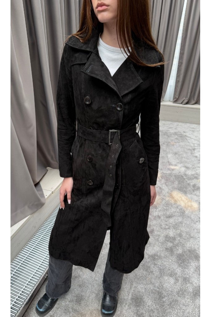 Trench din piele naturala intoarsa, V line, Black, Carolina Design